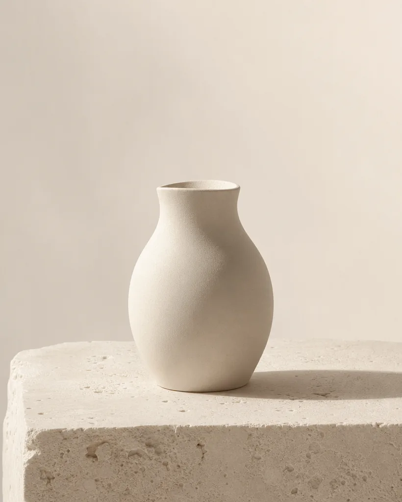 A matte off-white ceramic vessel on a pale limestone plinth.